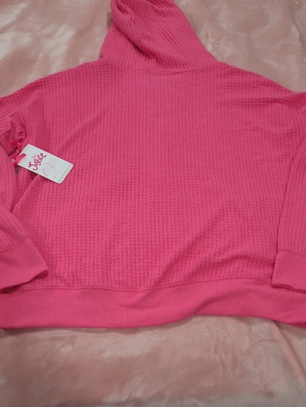 Justice Pink Sequin Logo Waffle-Knit Hoodie Sweater